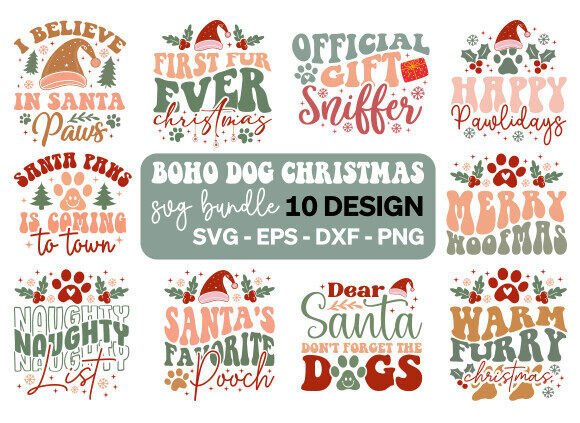 Boho Dog Christmas SVG Bundle, Retro Dog