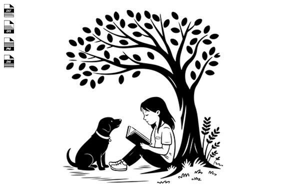 Dog and Girl Under Tree Svg, Dog Svg